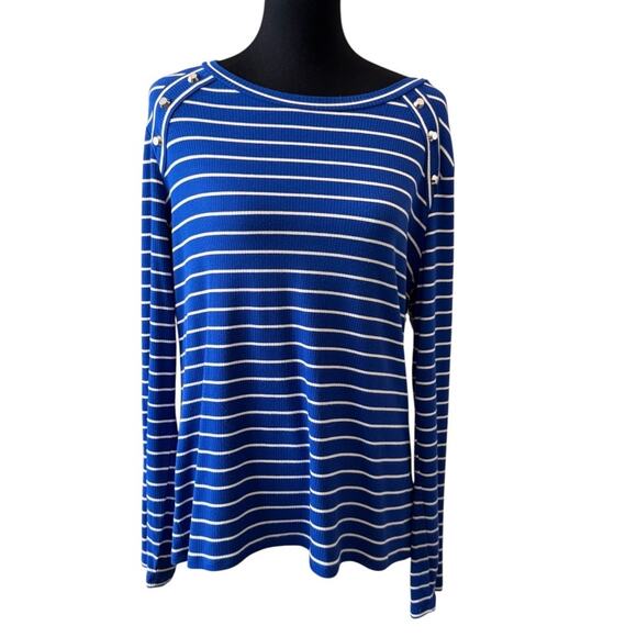 New MICHAEL KORS Women's Royal Blue/White Striped Long Sleeve Top Size XL - Picture 1 of 6